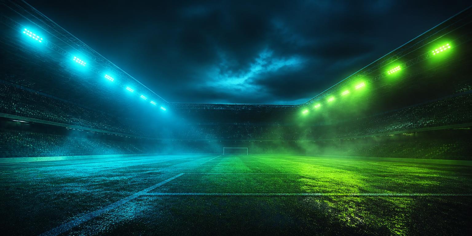 Floodlit football pitch at night under neon lights