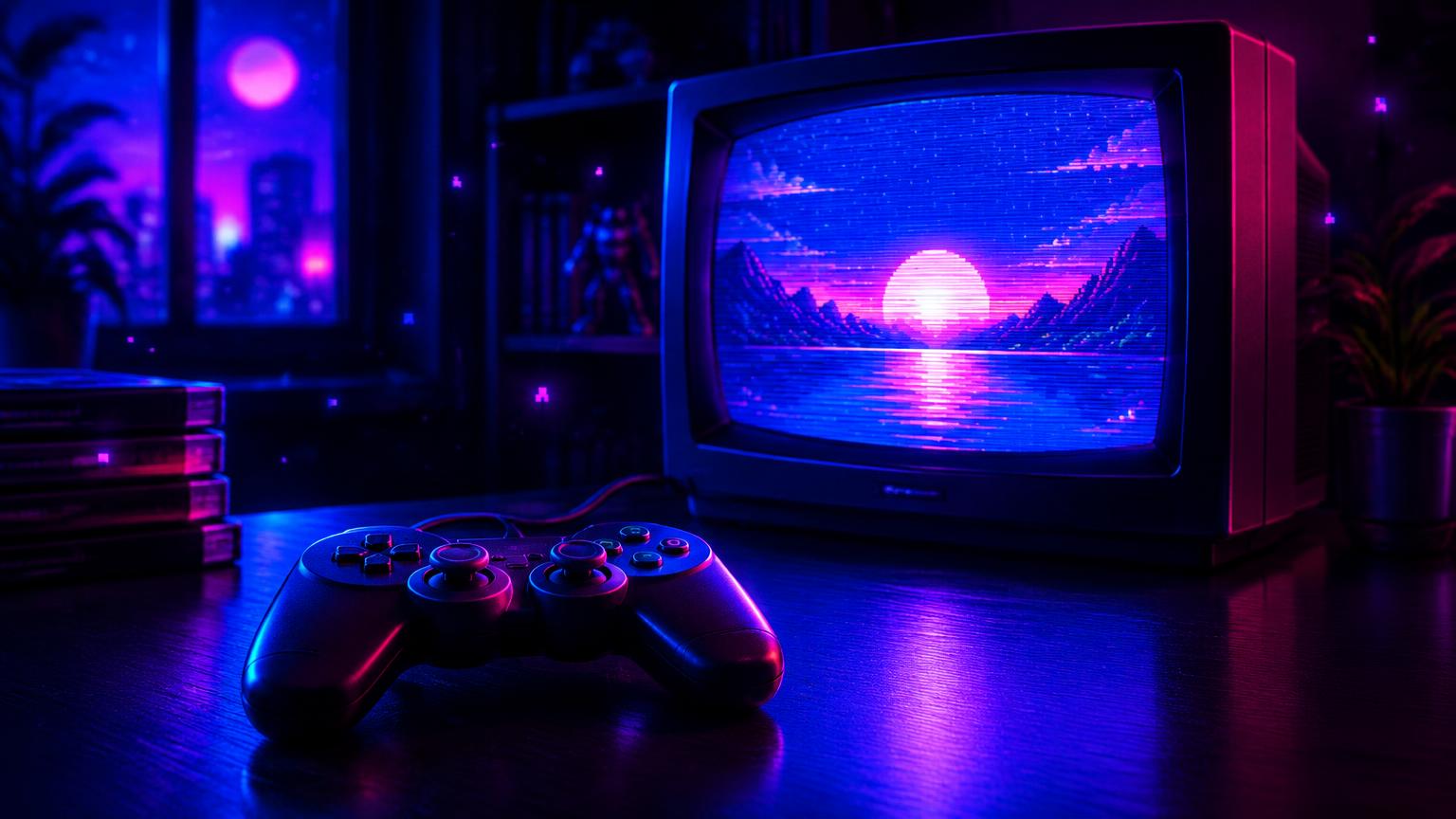 Glowing CRT television and controller in neon light