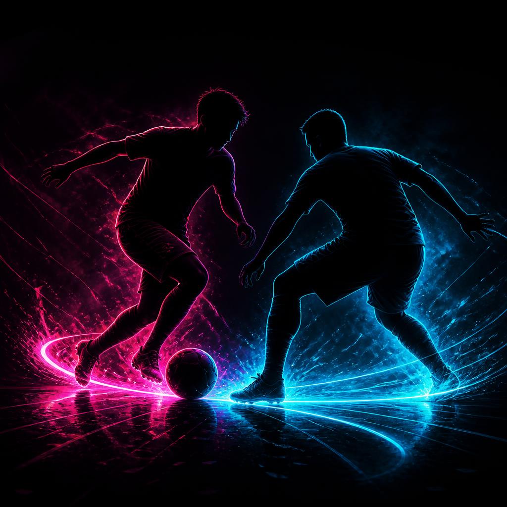 Two neon footballer silhouettes duelling for the ball